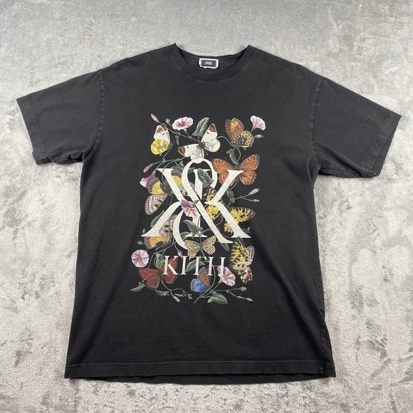 Kith T-Shirt Mens Sz M Faded Black Monarch Butterfly Floral Graphic Tee Logo K&K